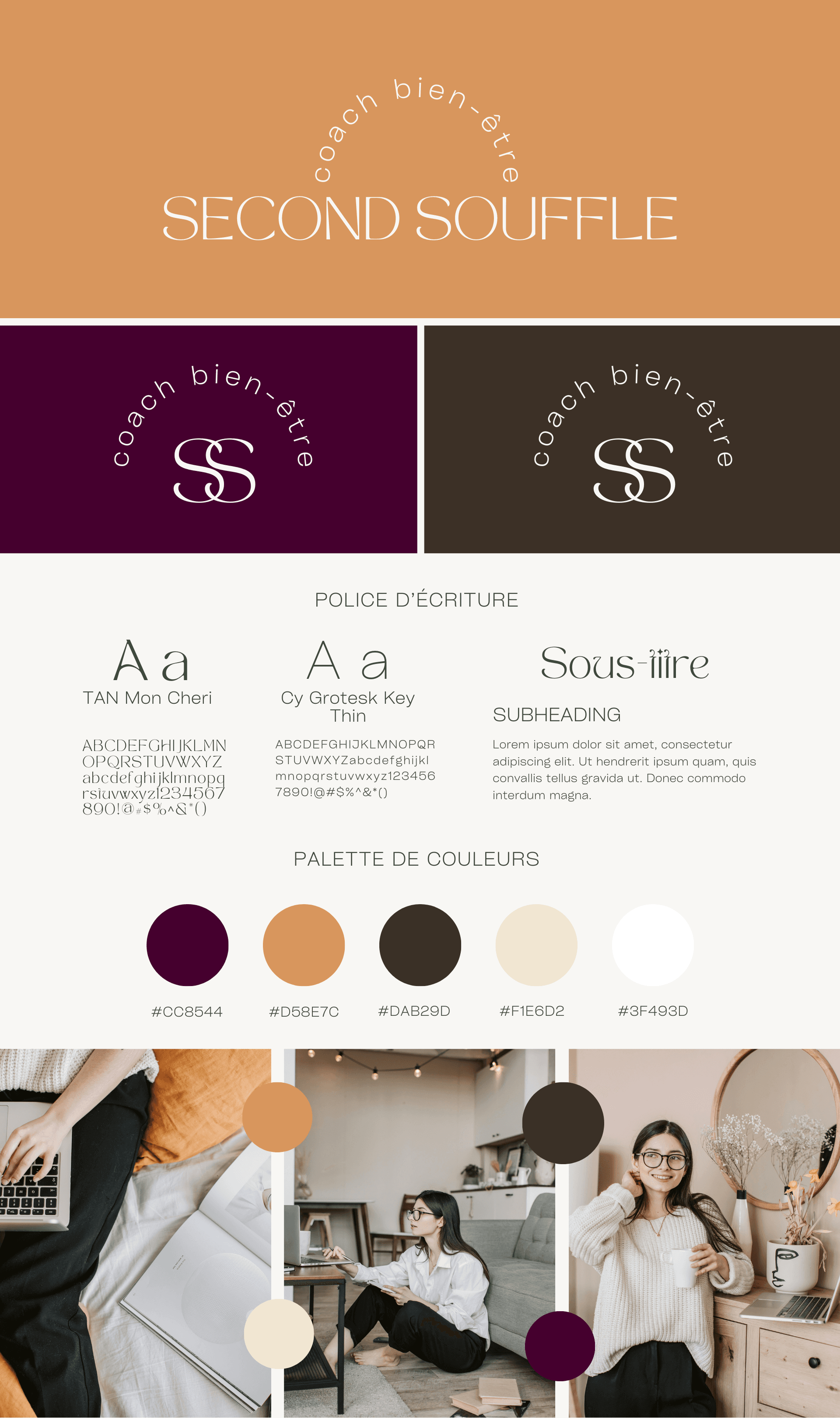 Brand kit du modèle de site Michelle – couleurs et typographies pour coachs bien-être et thérapeutes