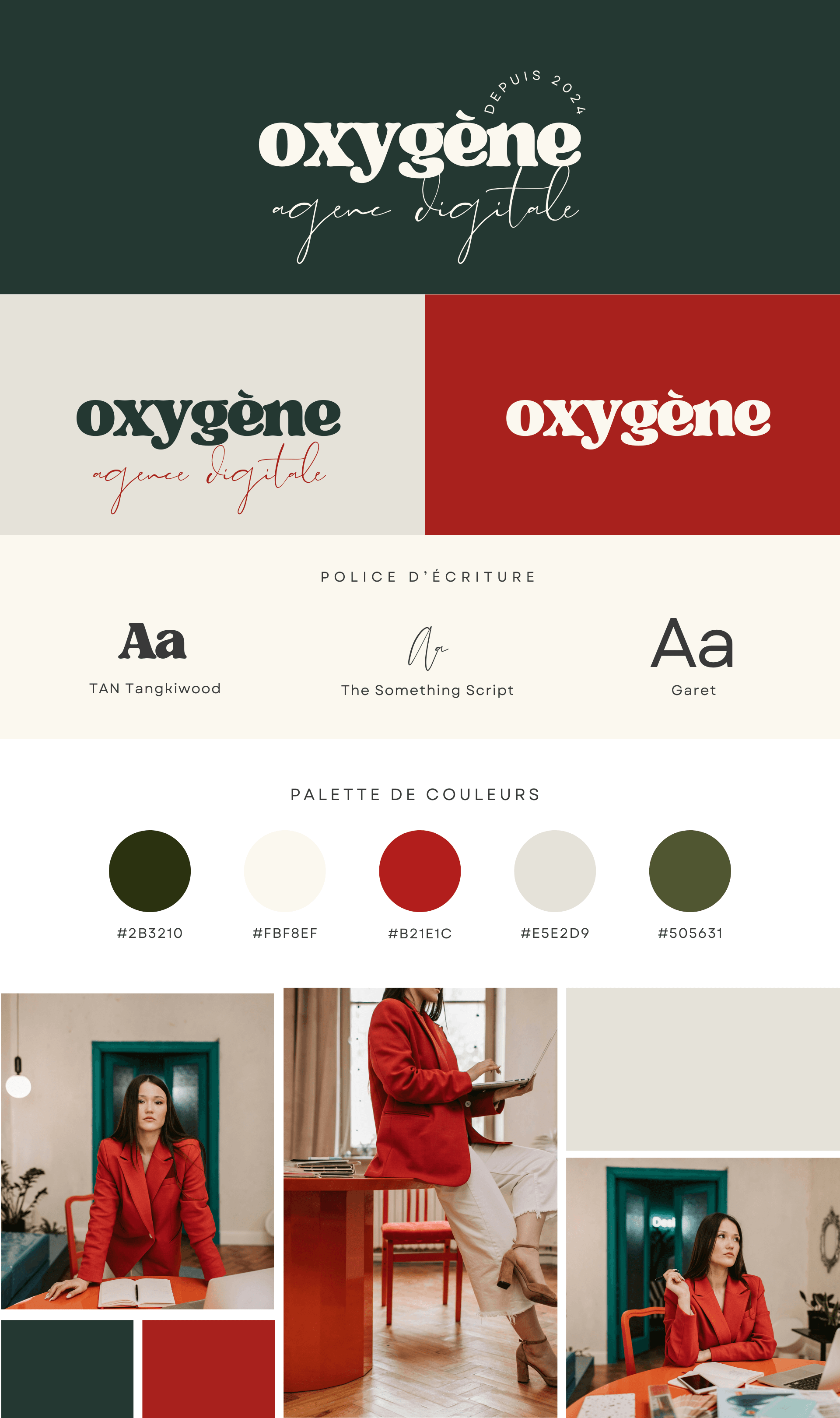 Brand kit du thème Olivia – palette de couleurs, typographies et éléments graphiques pour coachs, consultants et stratèges digitales.