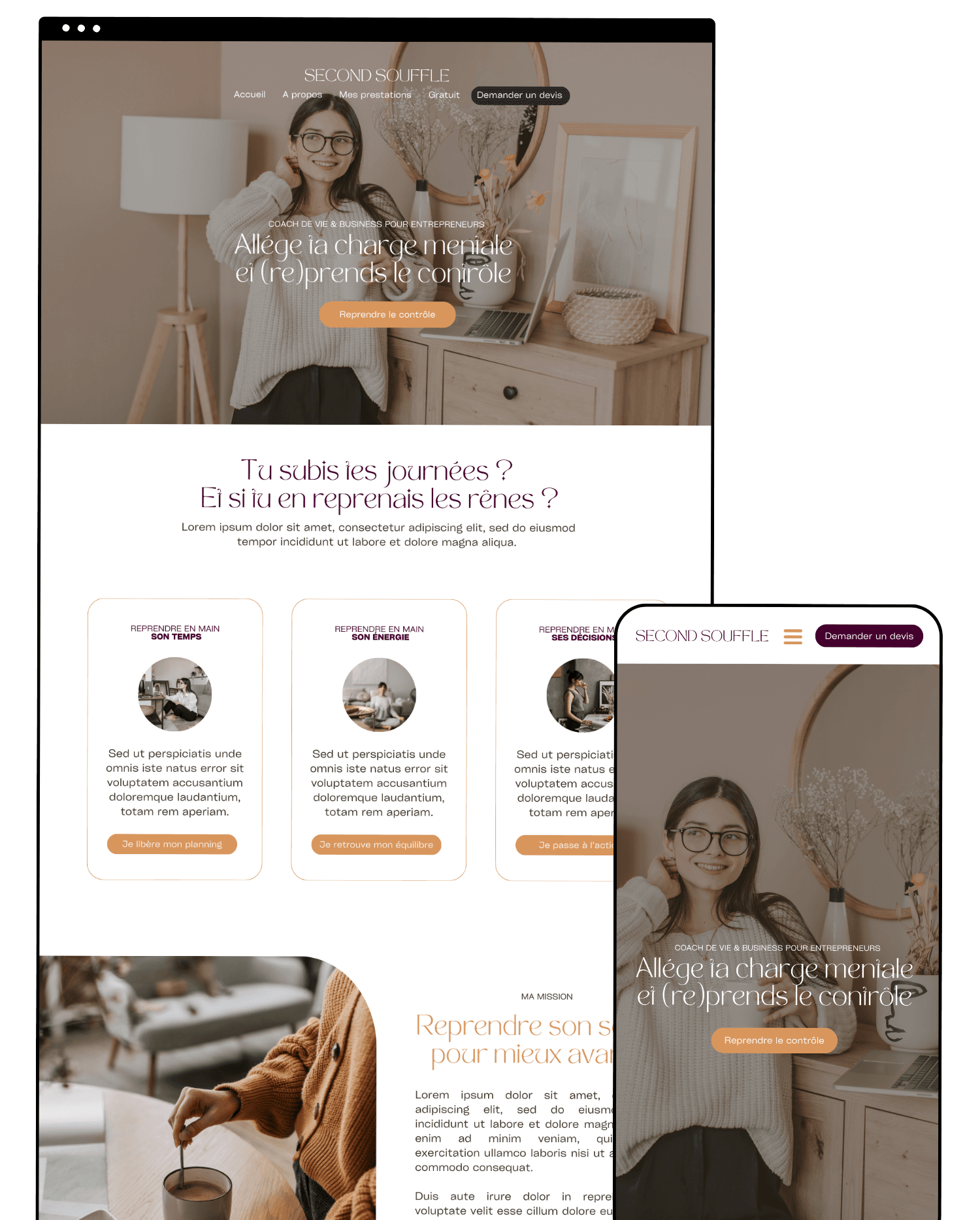 Mock-up du modèle de site Michelle affiché sur mobile et ordinateur pour coachs bien-être et thérapeutes