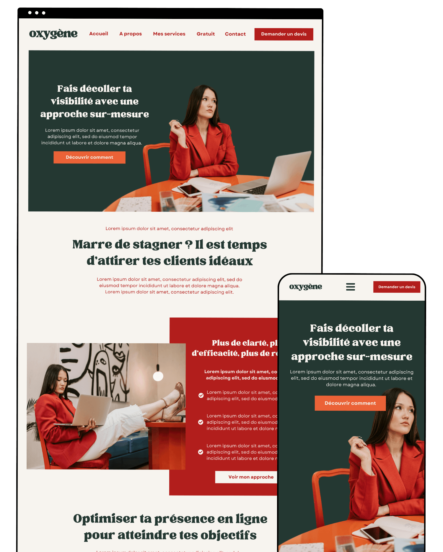Mock-up site web thème Olivia – modèle pour coachs, consultants, stratèges digitales et experts business. Version ordinateur et mobile.