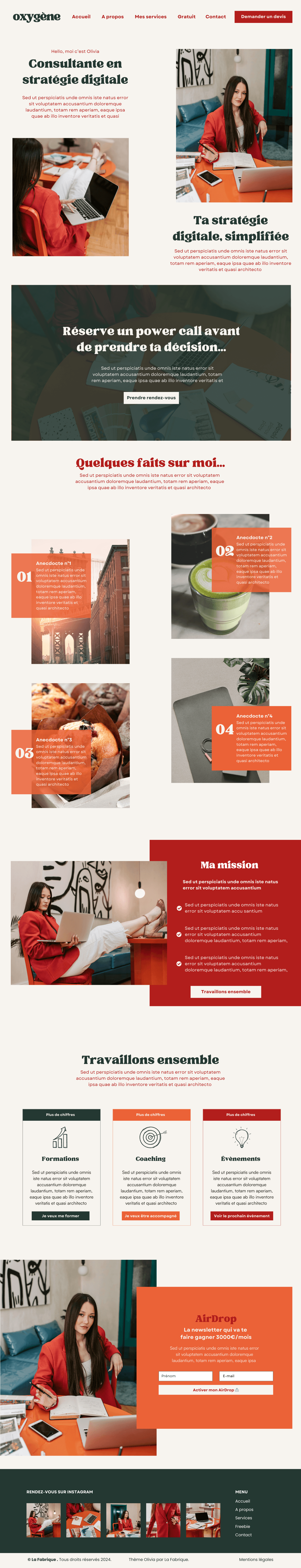 Page À propos du thème Olivia – modèle élégant pour coachs business et consultantes, avec mise en page professionnelle et storytelling impactant.