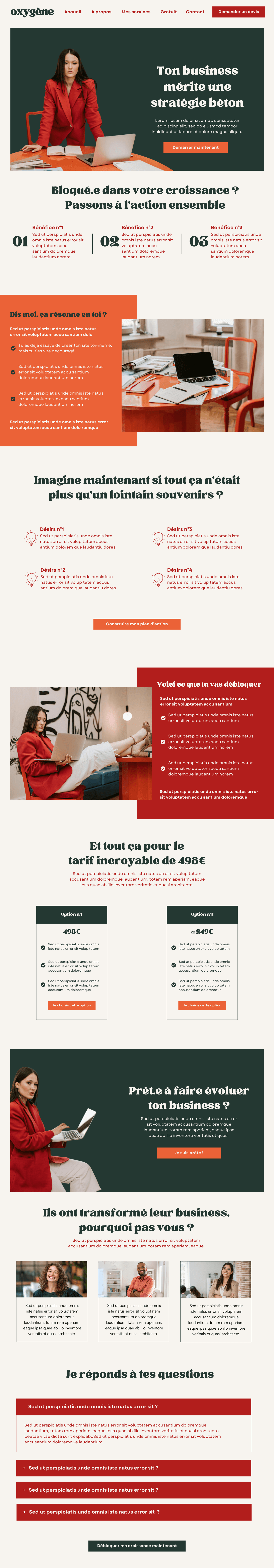 Page Consulting du thème Olivia – modèle de site professionnel pour coachs business et consultantes, conçu pour présenter services et offres de manière claire et impactante.