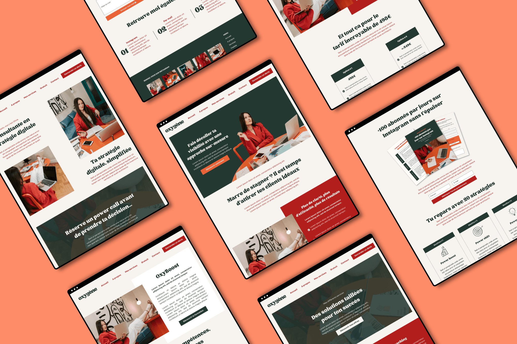 Maquettes du thème Olivia – site web professionnel pour coachs, consultants, experts business et stratèges digitales.