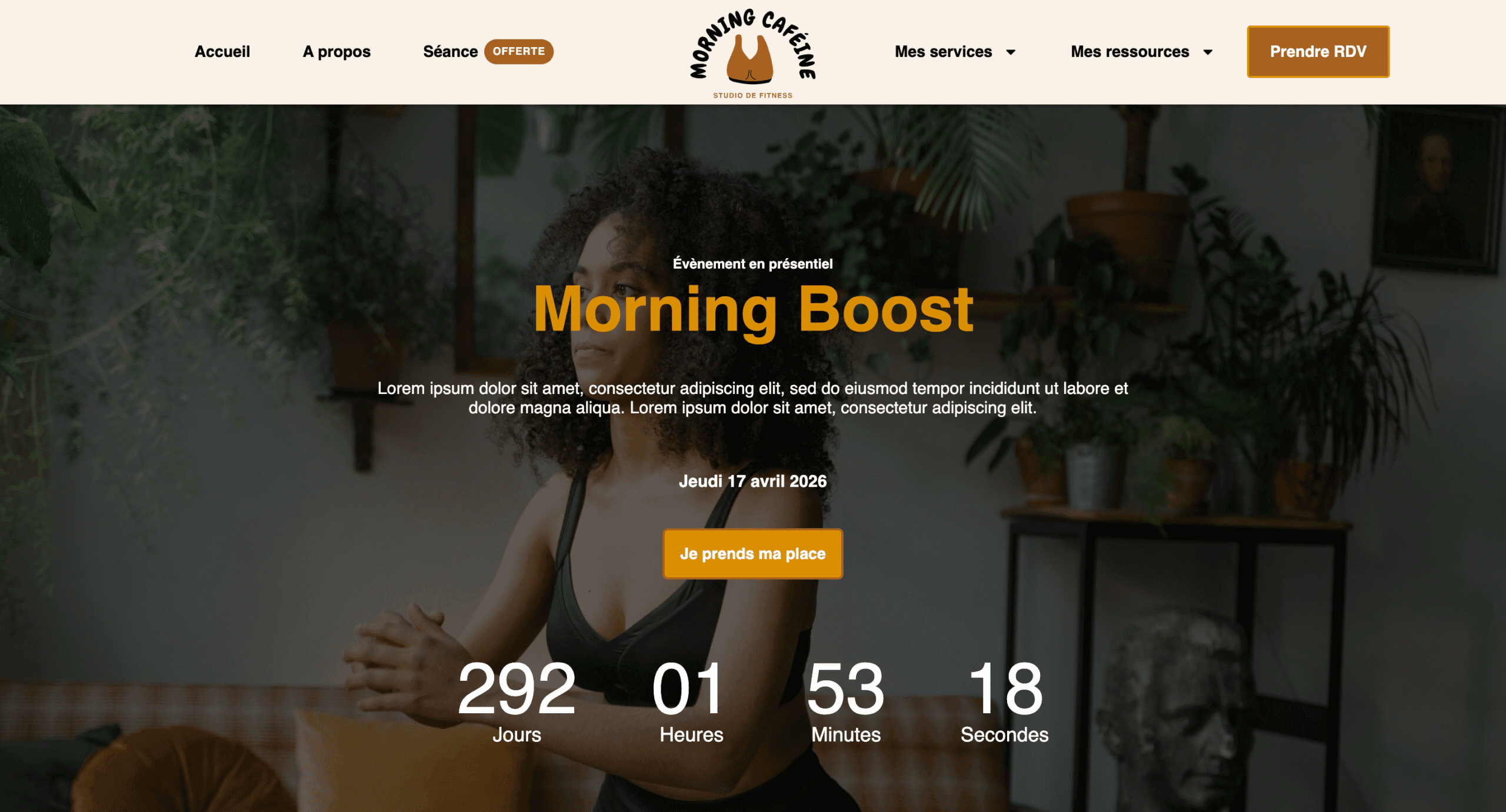 Aperçu d’un atelier thématique pour prof de yoga ou coach sportif – visuel Morning Boost avec compte à rebours et bouton de réservation.