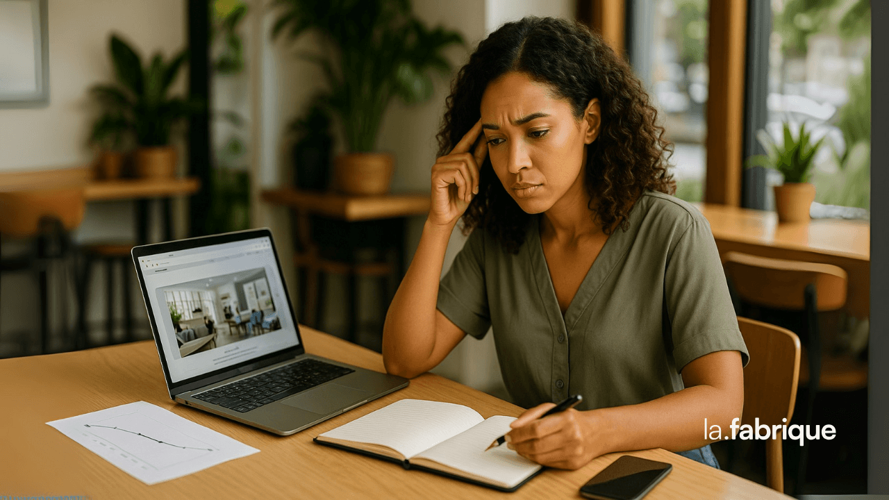 Femme entrepreneure concentrée devant son ordinateur portable dans un café, réfléchissant à la difficulté d’attirer des clients malgré un site internet.