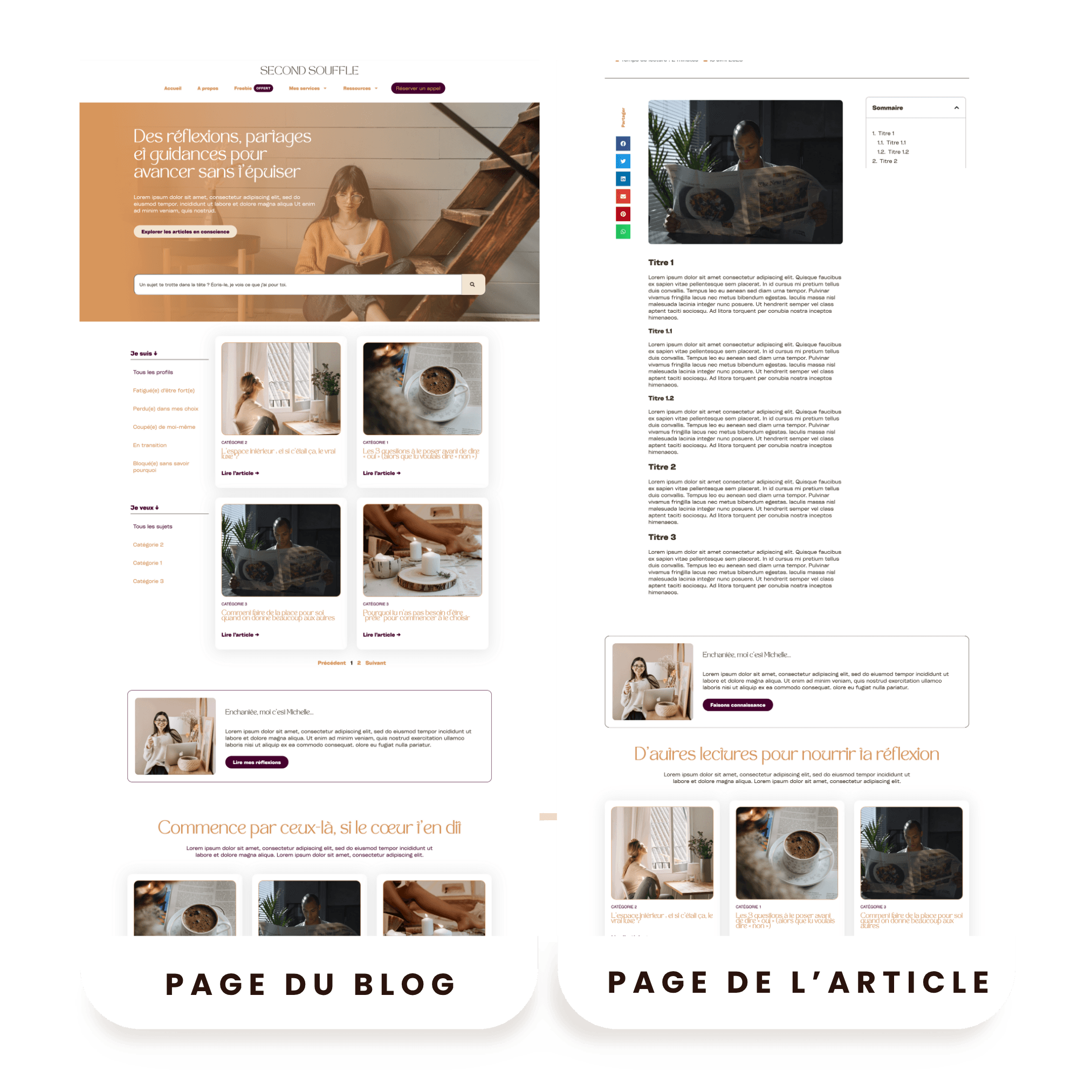 Exemple de page de blog optimisée et de page d’article optimisée pour le SEO, montrant la structure idéale recommandée par Google avec navigation claire, catégories, résumé des articles, suggestions de lecture et bio auteur