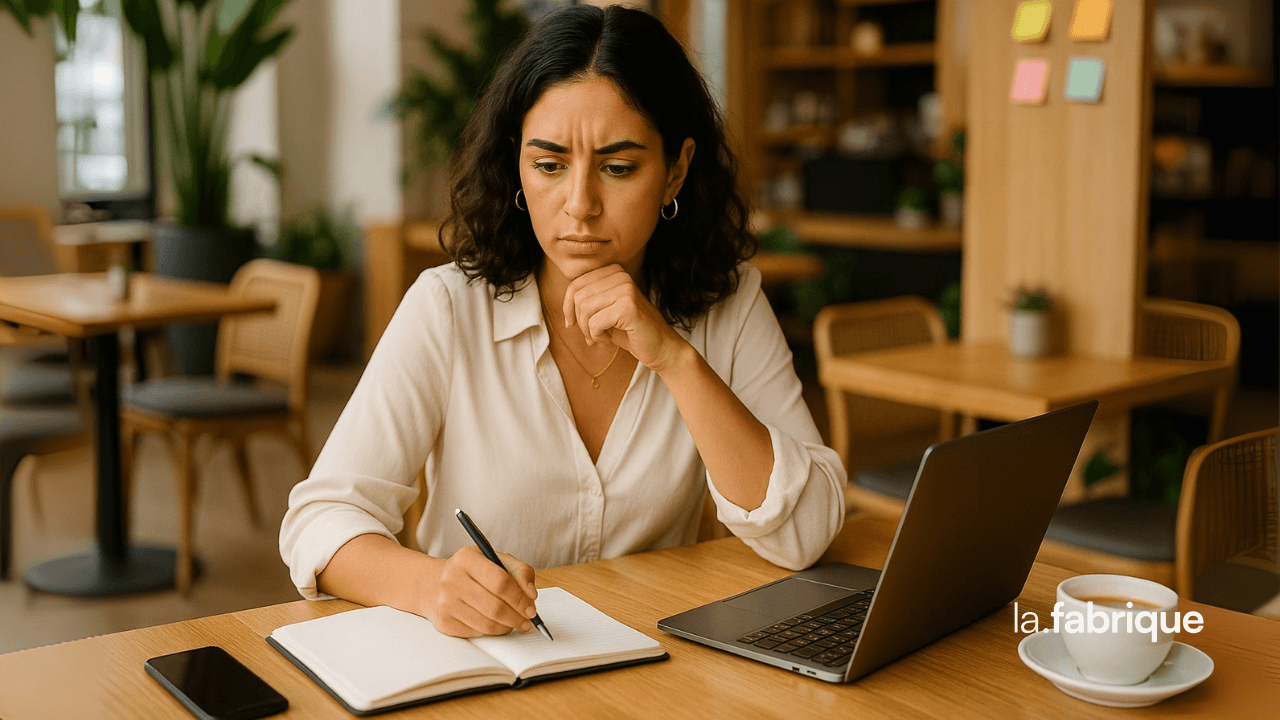 Jeune femme entrepreneure d’origine arabe, assise dans un coffee shop moderne avec son ordinateur portable et un carnet de notes, l’air concentré pour éviter les erreurs au lancement de son activité.