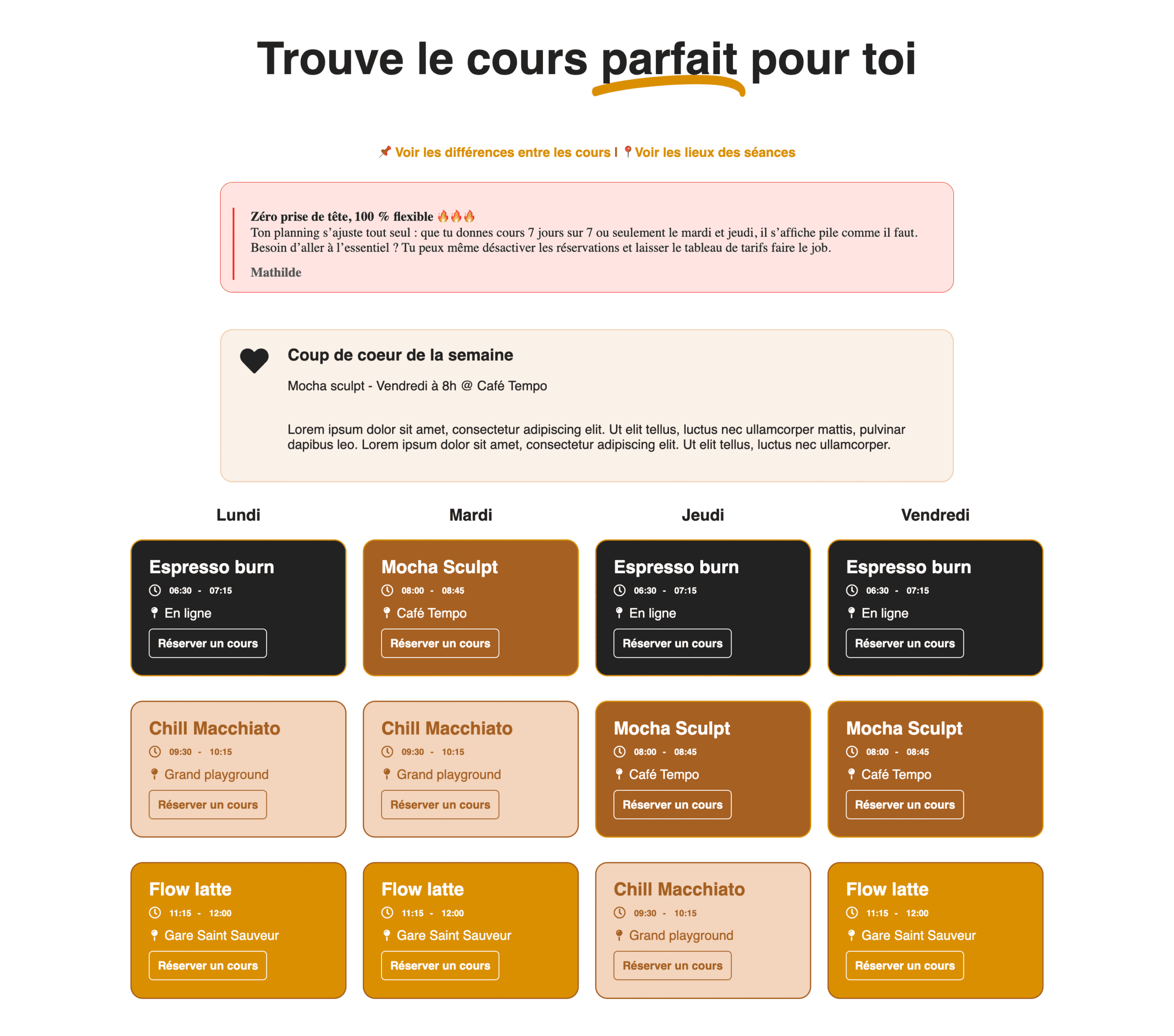 Planning des cours collectifs de yoga et coaching sportif – exemple de mise en page interactive avec créneaux, horaires et bouton de réservation.