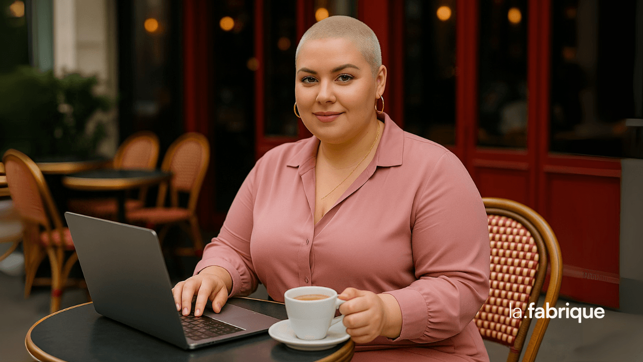 Femme entrepreneure travaillant sur son ordinateur en terrasse d’un café parisien, illustrant l’importance d’un blog pour être visible sur Google