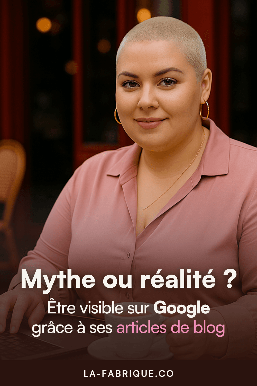 Femme entrepreneure au crâne rasé, assise à une terrasse de café, travaillant sur son ordinateur portable, illustrant la question : être visible sur Google grâce à ses articles de blog, mythe ou réalité.
