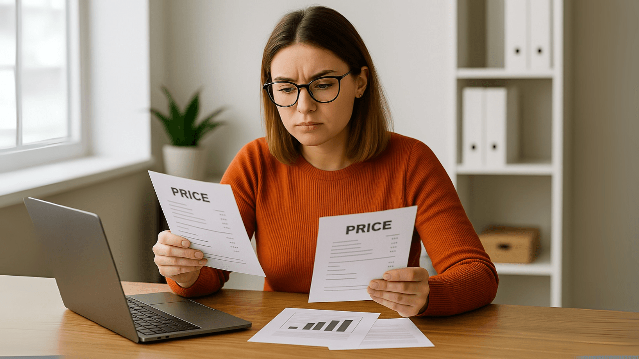 Femme entrepreneure caucasienne avec lunettes comparant des devis pour estimer le prix d’un site internet, assise à son bureau avec un ordinateur portable.