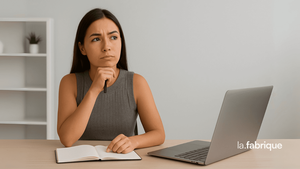 Jeune femme pensive devant son ordinateur portable, stylo à la main, illustrant la réflexion sur de créer son site internet seule ou en délégant.