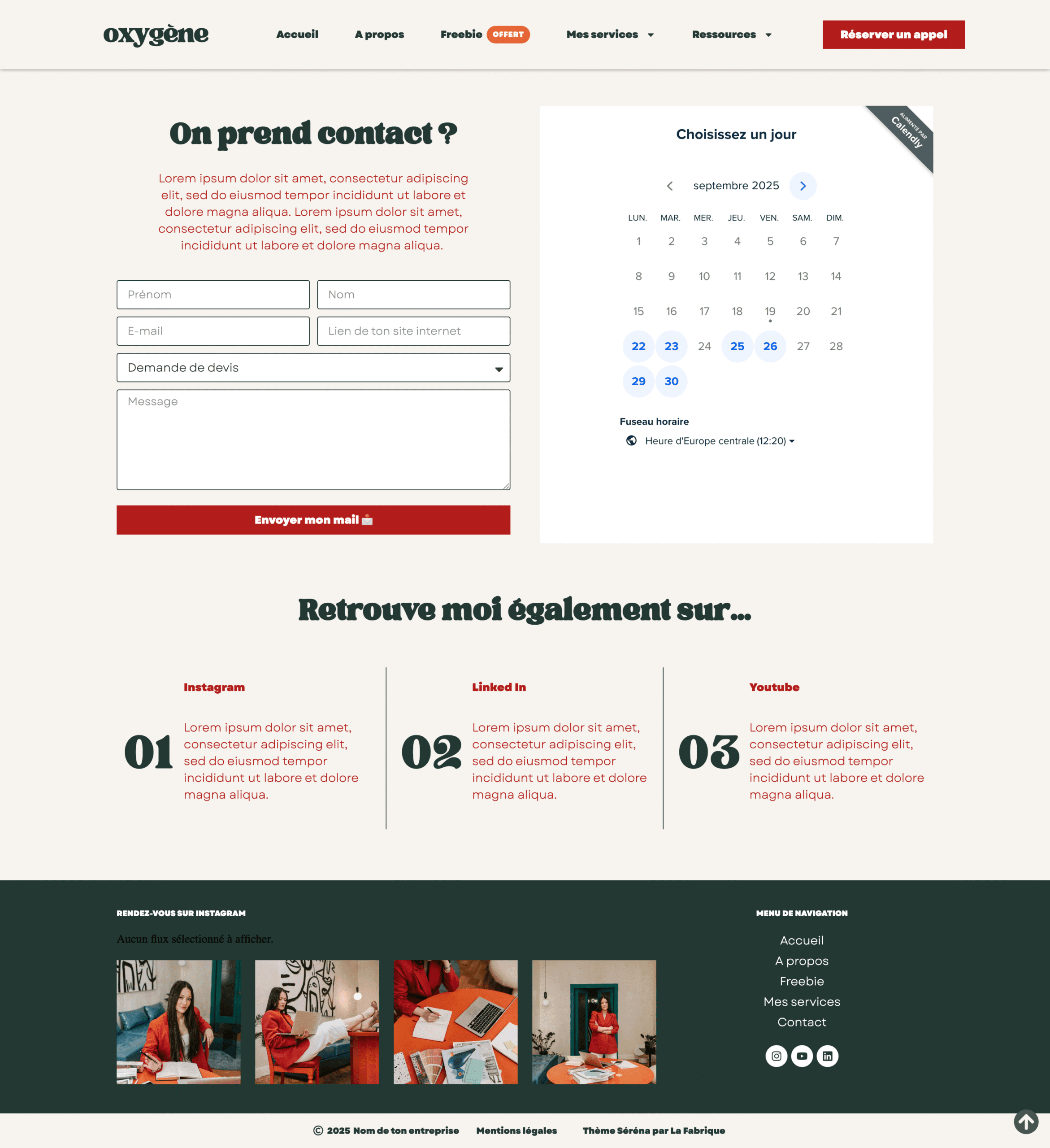 Exemple de page contact avec formulaire et calendrier de réservation pour appel découverte avec Calendly intégré sur WordPress