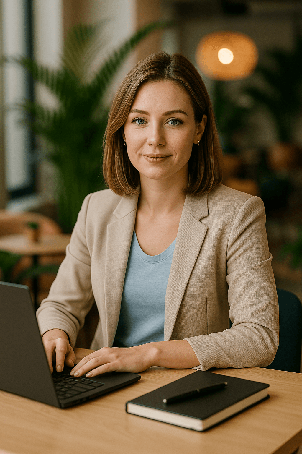 Portrait de Camille, coach business de 34 ans, travaillant dans un espace de coworking moderne avec son ordinateur portable et un carnet.