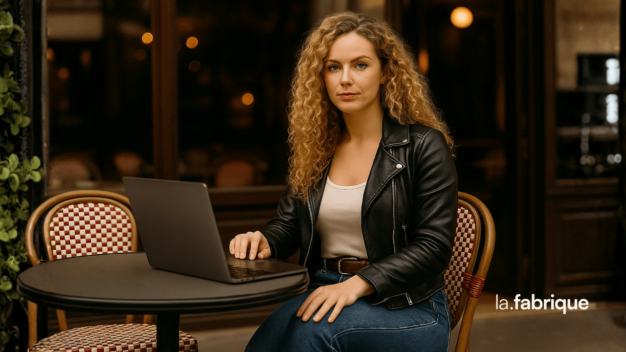 Femme entrepreneure blonde aux cheveux frisés très longs, tapant sur son ordinateur portable dans un café, illustrant la question : combien d’articles faut-il publier pour être visible sur Google.