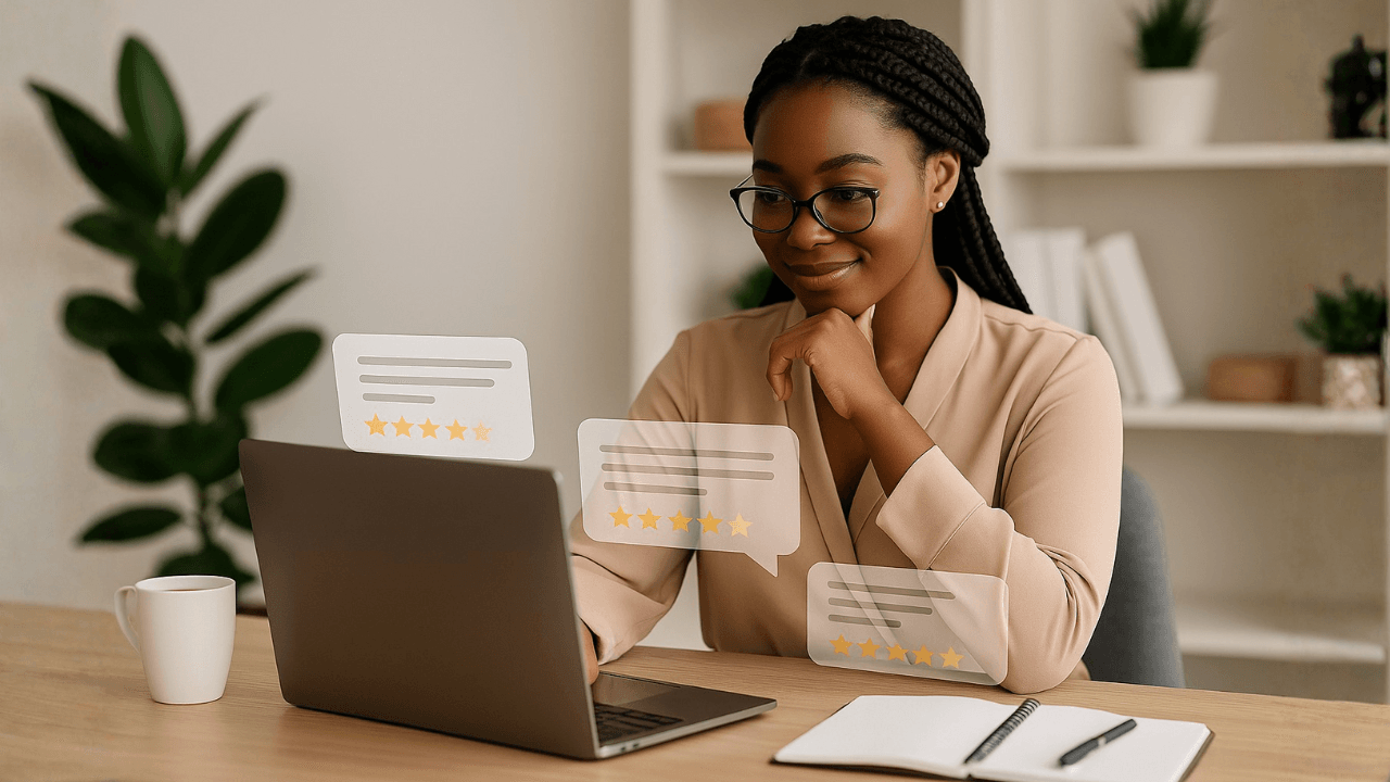 Femme entrepreneure noire avec des box braids élégantes consultant des avis clients sur son ordinateur portable, illustrant l’importance des témoignages clients pour un site qui vend.